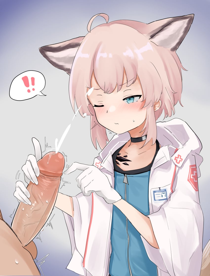 ! !! 1boy 1girls absurdres ahoge animal_ears arknights blue_eyes blue_vest blush closed_mouth coat collarbone commentary cum doctor ejaculation english_commentary extra_ears female flat_chest fox_ears fox_girl gloved_handjob gloves handjob highres hood hood_down hooded_coat light-skinned_female light-skinned_male light_skin nurse one_eye_closed oripathy_lesion_(arknights) pink_hair short_hair speech_bubble spoken_exclamation_mark straight sussurro_(arknights) twitching_penis uncensored vest white_coat white_gloves wuoo48763