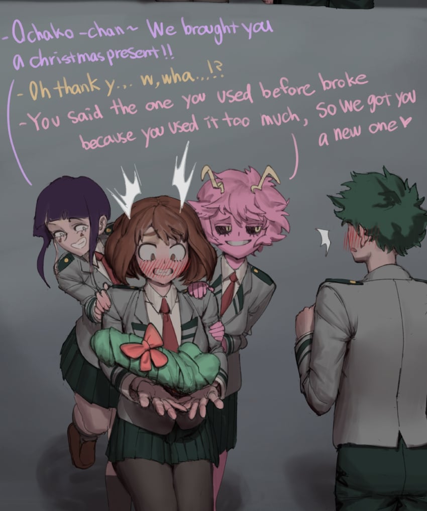 1boy 3girls ashido_mina big_dildo black_sclera blush blush_lines boku_no_hero_academia brown_eyes brown_hair christmas christmas_gift clothed comic comic_page deku dildo english_text female female_focus fully_clothed gift green_hair izuku_midoriya izuocha kyoka_jiro light-skinned_female light-skinned_male light_skin looking_at_another male midoriya_izuku mina_ashido my_hero_academia ochako_uraraka pink_body pink_hair pink_skin purple_hair school_uniform skirt u.a._school_uniform uraraka_ochako wjs07 yellow_eyes