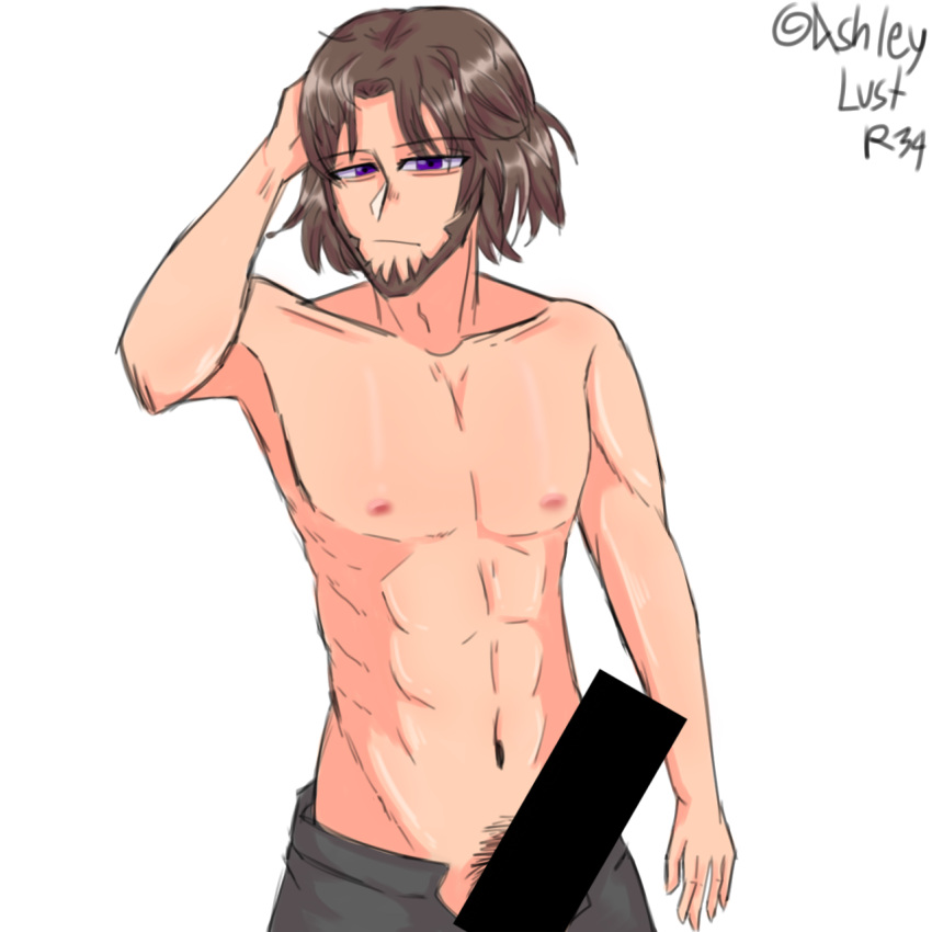 1boy abs anatomy_fail ashleylust_(artist) bara beard bearded big_cock brown_hair censored censored_penis concerned confused emotionless holding_hair muscles naked naked_male pants_open purple_eyes short_hair solo_male tagme unzipped_pants wavy_hair