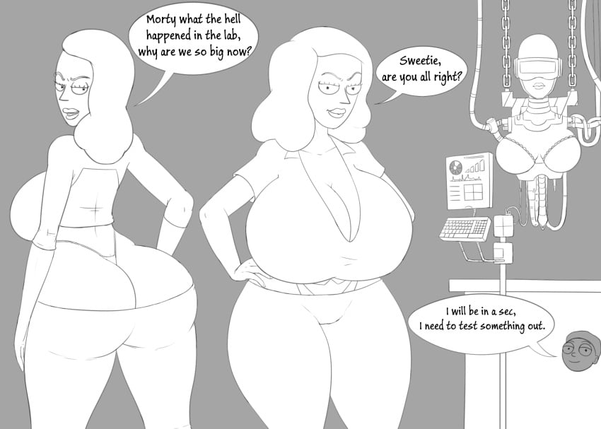 1boy 2d 3girls adult_swim alternate_ass_size alternate_breast_size ass_cleavage beth_smith black_and_white butt_crack child_bearing_hips cleavage commission curvy curvy_female curvy_figure diklonius english_text female_only giant_breasts gwendolyn_(rick_and_morty) hi_res huge_ass huge_breasts looking_at_viewer mature_female milf morty_smith mother mother_and_son name_drop panties rick_and_morty robot_girl sexbot space_beth speech_bubble text text_bubble thick_thighs