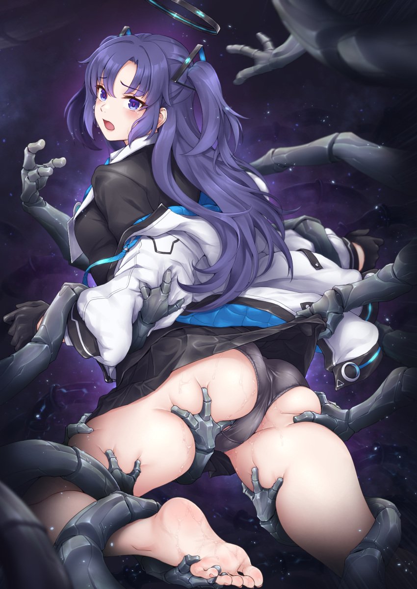 ass ass_grab barefoot black_panties black_skirt blue_archive blush feet female from_behind hair_ornament halo highres jacket kuragetakos long_hair long_sleeves looking_at_viewer looking_back mechanical_arms open_mouth panties pleated_skirt purple_eyes purple_hair restrained school_uniform skirt soles thigh_grab thighs underwear yuuka_(blue_archive)