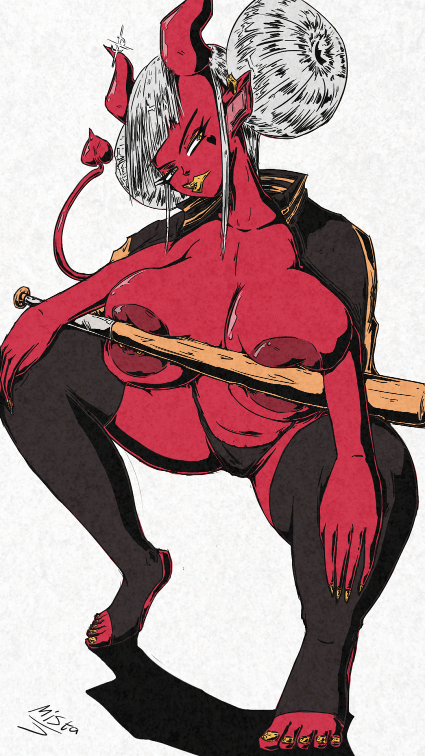 baseball_bat bomber_jacket bratty buns devil fanart fanart_from_twitter feet horns massive_breasts mistajaay naked naked_female pinup pinup_pose sharp_fingernails squatting stockings succubus tail