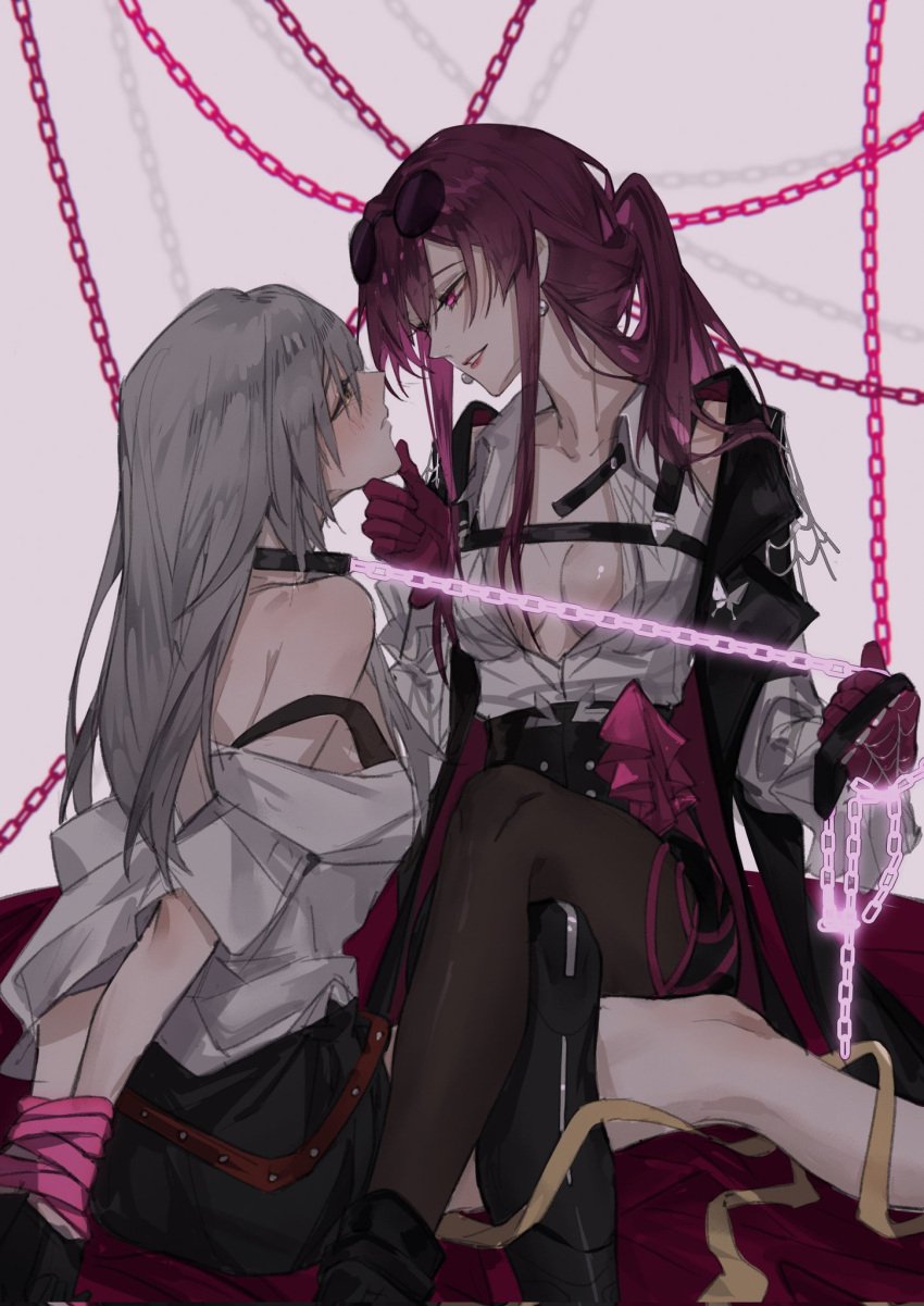 2girls aoma_(xuanzexuexi) big_breasts blouse bondage boots bra breasts chain_leash chains cleavage collar corset dominant_female dominatrix earrings eyelashes eyeliner eyeshadow female female_only femdom femsub glasses gloves hand_on_chin hands_tied_behind_back hi_res honkai:_star_rail kafka_(honkai:_star_rail) leash leash_and_collar leash_pull lingerie lipstick long_hair makeup medium_breasts pantyhose partially_undressed power_dynamics shirt slave slave_collar stelle_(honkai:_star_rail) submissive_female unbuttoned_shirt yuri