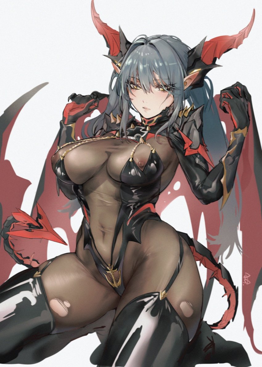 1girls agaver areolae areolae_visible_through_clothing azur_lane female female_only horns iron_blood_(azur_lane) light-skinned_female light_skin mechanical_arms mechanical_horns mechanical_tail nipples nipples_visible_through_clothing regensburg_(azur_lane) see-through see-through_clothing solo tail yellow_eyes