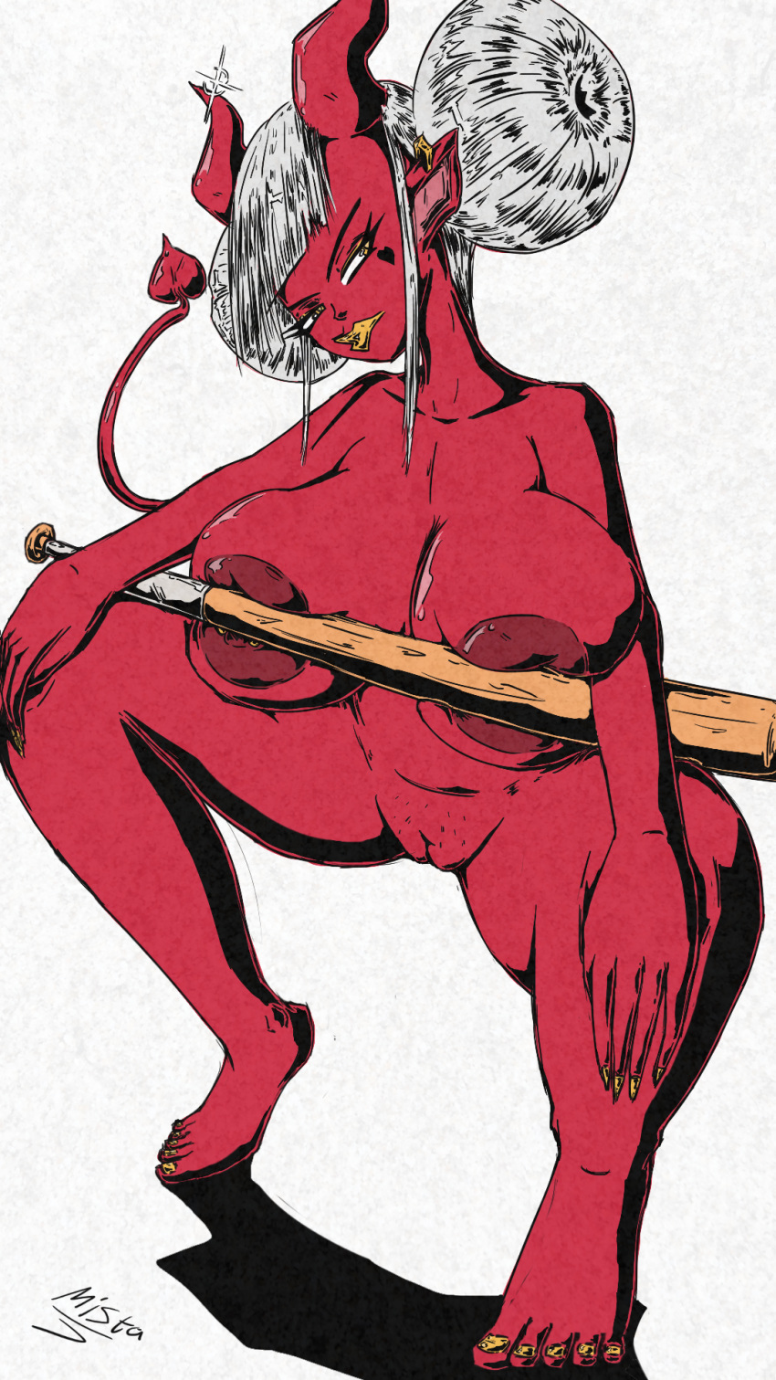 baseball_bat bratty buns devil fanart fanart_from_twitter feet horns massive_breasts mistajaay nude pinup pinup_pose sharp_fingernails squatting succubus tail