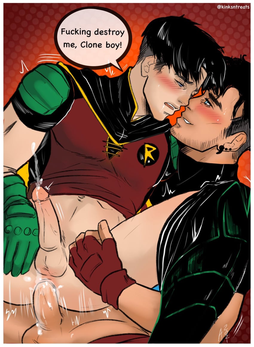 2boys anal asking_for_more batman_(series) black_hair blue_eyes blush bottomless conner_kent cumming_from_anal_sex cumming_in_ass cumming_inside cumming_while_penetrated cumming_while_penetrating dc dc_comics eager_bottom earrings fingerless_gloves gay half-closed_eyes kinksntreats kon-el legs_apart legs_held_open male male/male male_only male_penetrating_male red_background red_robin robin_(dc) robin_(tim_drake) spread_legs submissive_male superboy superboy_(conner_kent) superman_(series) tim_drake timkon yaoi young_justice