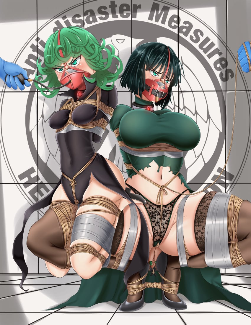 2girls angry ass belt black_hair blush bob_cut bondage collar crotch_rope dress embarrassed esper_sisters female female_focus frogtie fubuki_(one-punch_man) gag gagged green_eyes green_hair harness harness_gag heels kkurudesu large_breasts leash leash_and_collar leash_pull legs light-skinned_female multiple_girls one-punch_man panties posture_collar rape restrained rope rope_between_breasts rope_bondage rope_harness short_hair small_ass small_breasts spread_legs tape tatsumaki thighs torn_clothes