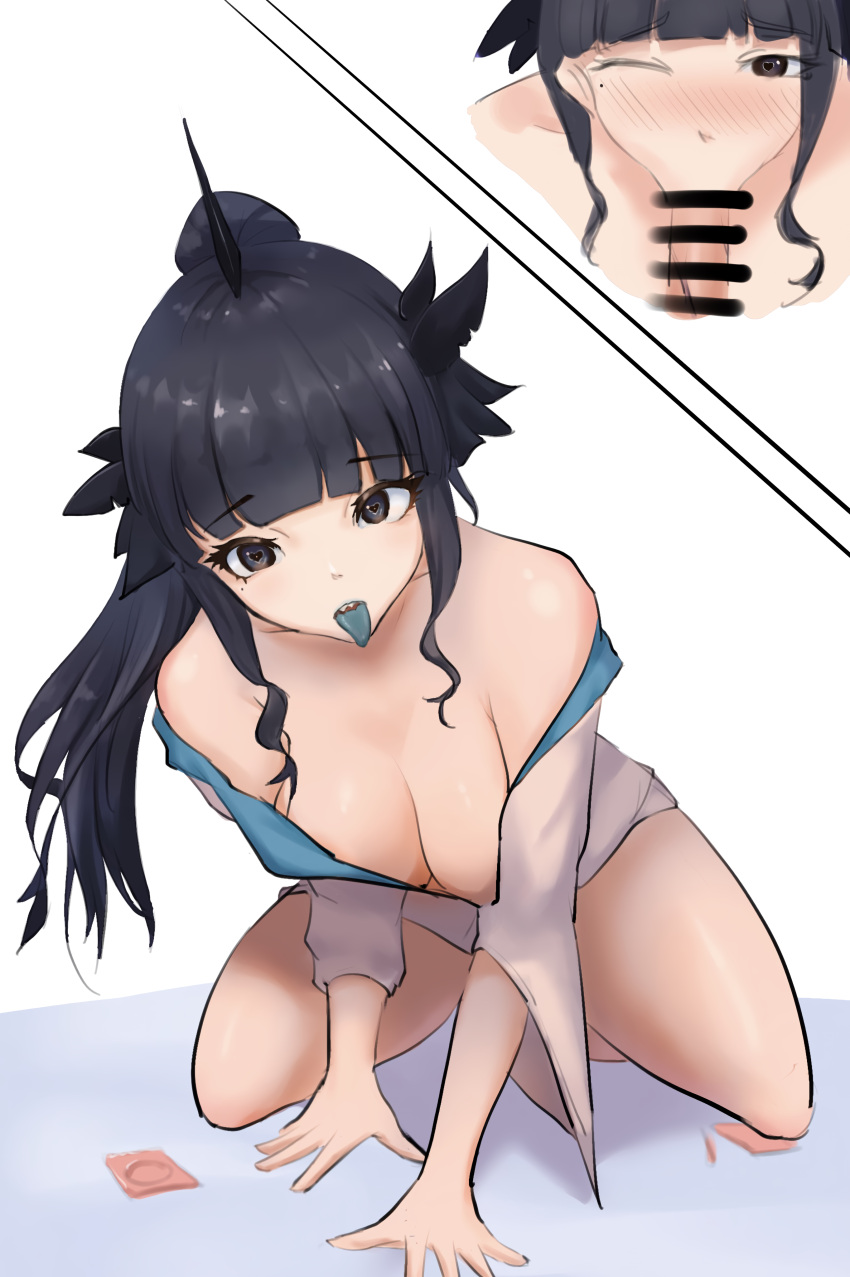 1girls artemis_of_the_blue artist_request atelier_live bangs beauty_mark black_hair blowjob blue_tongue censor_bar condom female heart-shaped_pupils indie_virtual_youtuber shark_fin shark_girl sharp_teeth virtual_youtuber