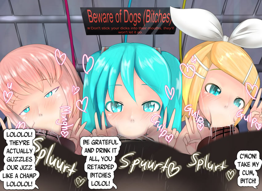 blowjob blush censored censored_penis collar fellatio hatsune_miku heart kagamine_rin maruhage_p maruhagedou megurine_luka peace_sign trio vocaloid