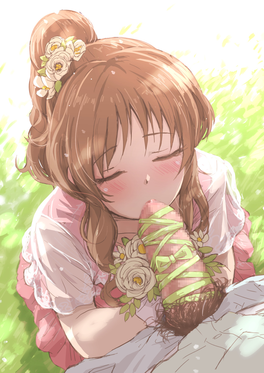 1boy 1girls absurdres blush bouquet brown_hair censored closed_eyes commentary dress female flower from_above hair_bun hair_flower hair_ornament highres holding holding_bouquet idolmaster idolmaster_cinderella_girls kissing_penis light-skinned_female light-skinned_male light_skin mosaic_censoring outdoors penis penis_ribbon pink_dress ponytail pov pov_crotch ribbon sidelocks single_hair_bun small_penis straight takamori_aiko tomawarinosuizou