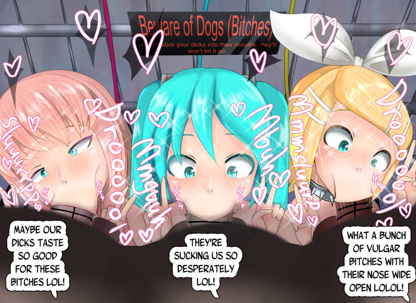 blowjob blush censored censored_penis collar fellatio hatsune_miku heart kagamine_rin maruhage_p maruhagedou megurine_luka peace_sign trio vocaloid