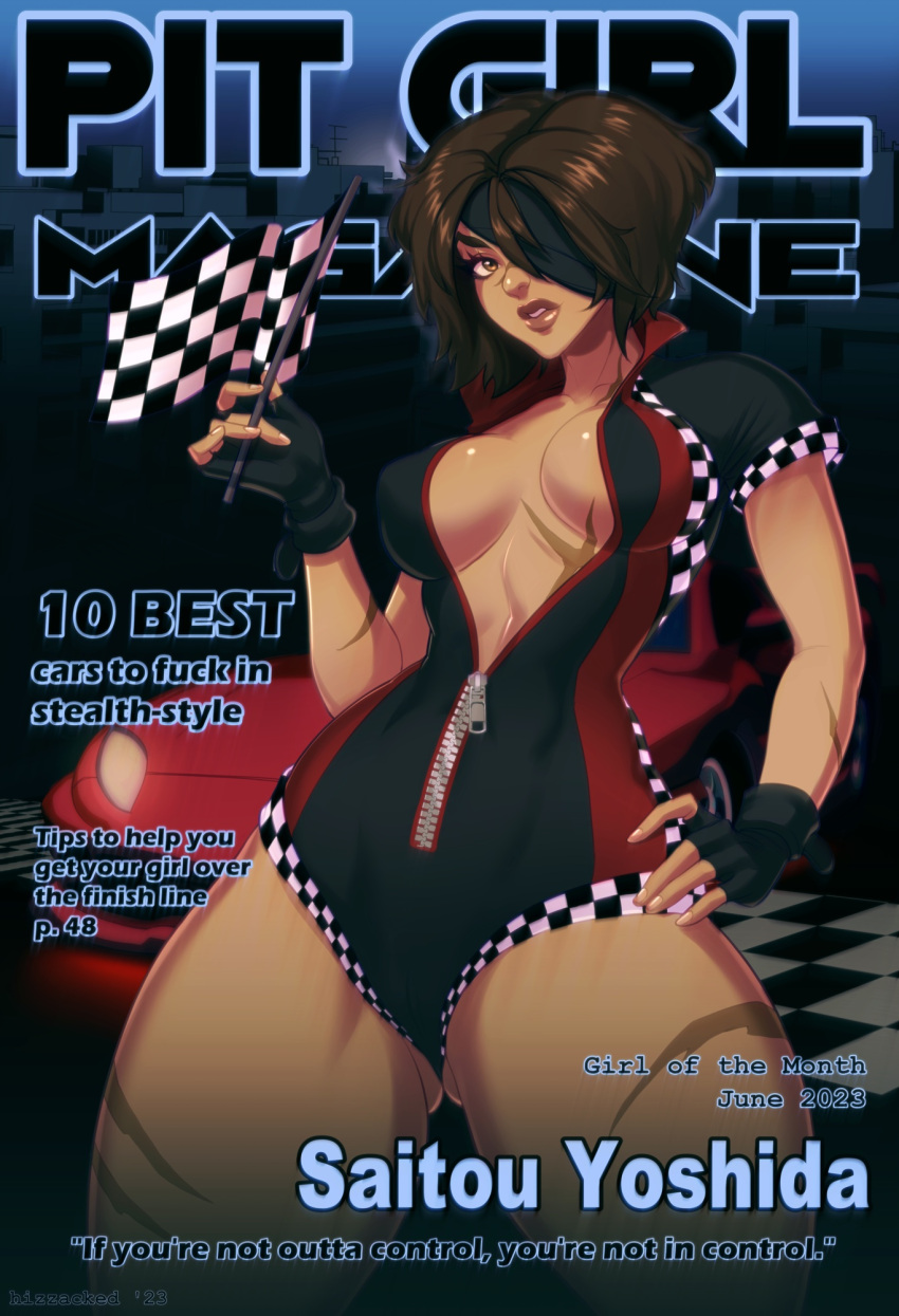 1girls brown_hair commission english_text eyepatch female female_only fingerless_gloves hi_res hizzacked inner_sideboob looking_at_viewer race_queen solo suit text thick_thighs unzipped_bodysuit