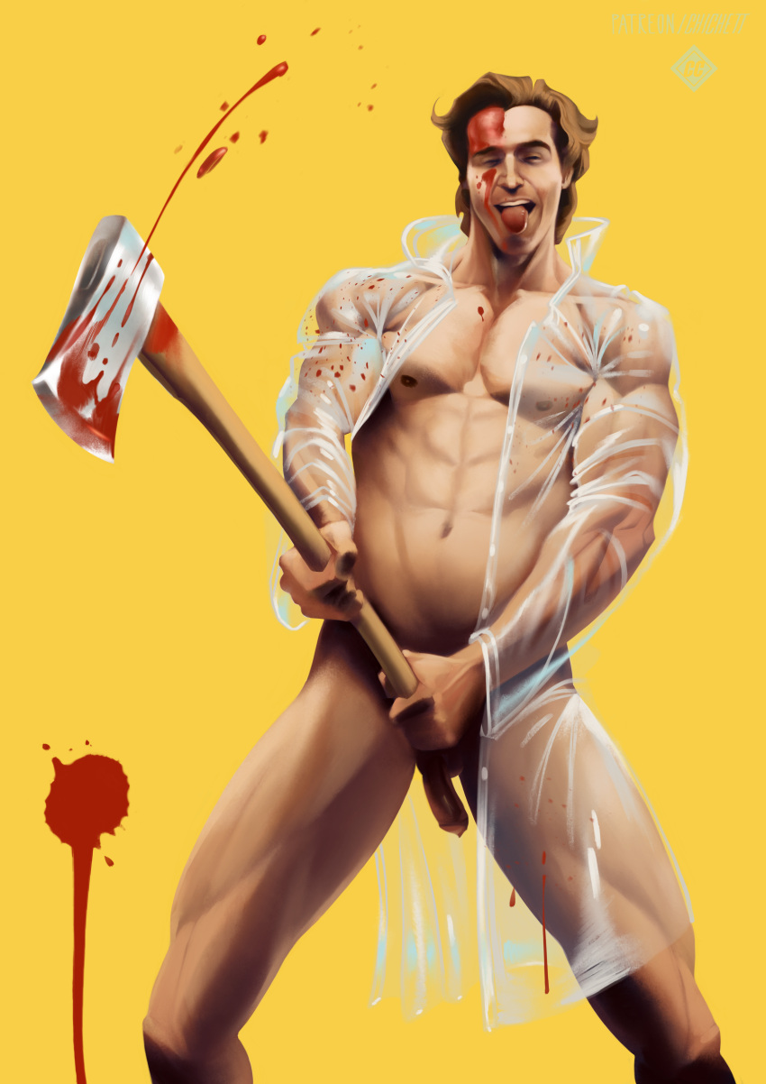 aggressive american_psycho axe big_penis blood brown_hair chichett colored digital_media_(artwork) flaccid gay gore legs_spread looking_at_viewer male male_only muscular nipples nude patrick_bateman pecs penis raincoat seductive showing_off simple_background smile solo standing tongue uncensored uncut