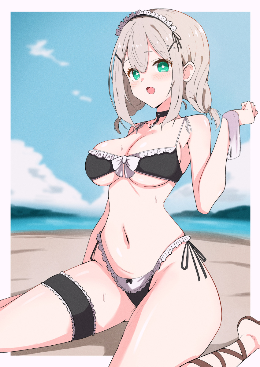 1girls alternate_costume azur_lane beach belly_button bikini blush breasts cleavage female female_only green_eyes hair_ornament headdress light-skinned_female light_skin maid_bikini manchester_(a_moment_in_the_shade)_(azur_lane) manchester_(azur_lane) official_alternate_costume oha_h22 outside royal_navy_(azur_lane) sand star-shaped_pupils symbol-shaped_pupils