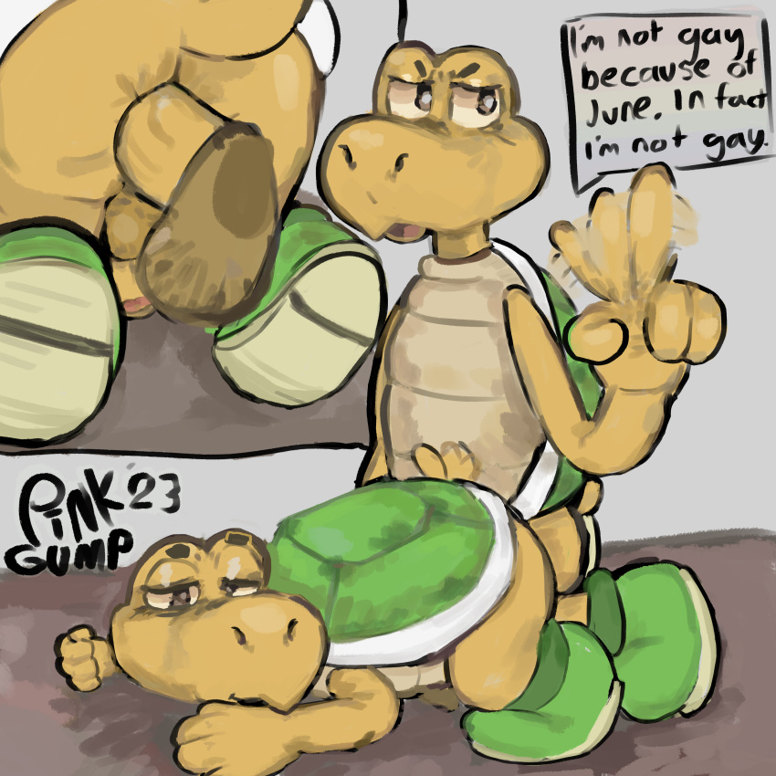 absurd_res anal anal_sex anthro artist_name balls close-up clothing digital_media_(artwork) digital_painting_(artwork) doggy_style duo finger_wag floor footwear from_behind_position gay genitals green_koopa_troopa grey_background hi_res huge_filesize koopa koopa_troopa male male/male mario_(series) nintendo penetration pink_gump reptile scalie sex shoes simple_background speech_bubble tail tail_motion tailwag turtle