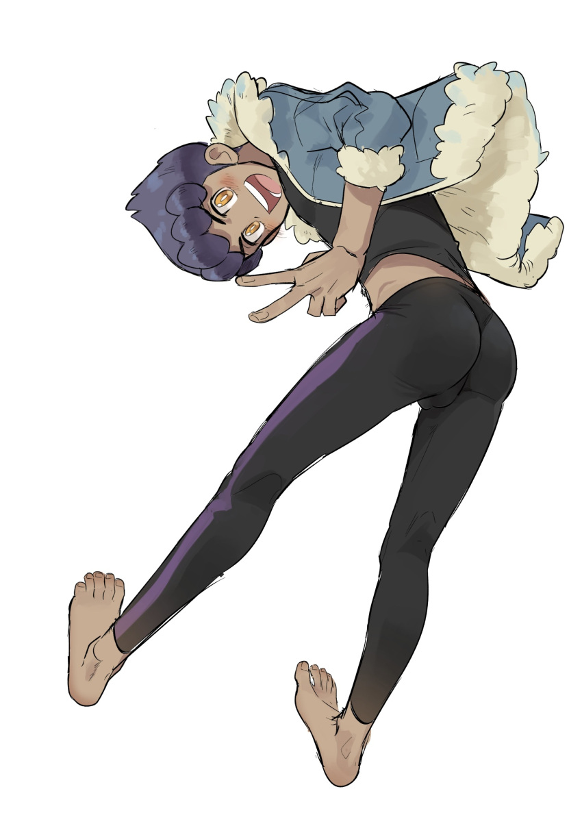 1boy ass bulge clothed feet hop_(pokemon) leggings male male_focus male_only peace_sign pokemon solo