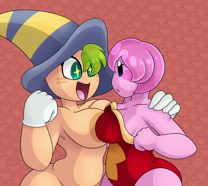 2girls big_breasts breasts cleavage clothing female female_only gloves green_hair gryll hat hi_res kirby kirby_(series) multiple_girls nude open_mouth pink_body pink_hair rule_63 starry_eyes witch_hat yoshimister