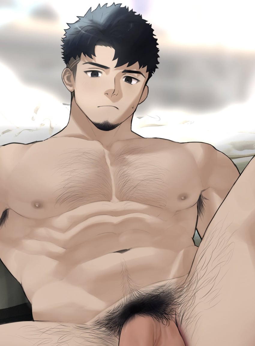 1boy armpit_hair bara black_hair chest_hair completely_nude cropped eyewear_removed facial_hair feet_out_of_frame flaccid foreshortening goatee goburin_second hairy highres large_pectorals leg_hair looking_at_viewer male_focus male_only male_pubic_hair mature_male muscular muscular_male navel_hair nude original paid_reward_available pectorals pubic_hair short_hair sideburns solo thick_eyebrows thighs