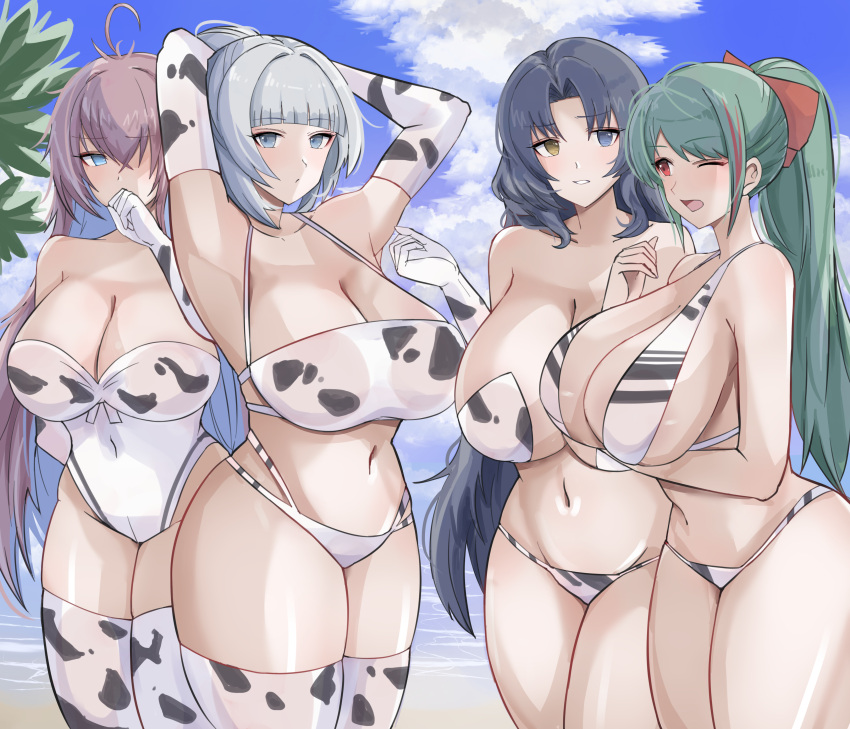 4girls alisa_(rune_emotion) azur_lane belly_button bikini black_hair blue_eye blue_eyes clouds cow_print cow_print_bikini cow_print_gloves eyebrows_visible_through_hair female female_only gloves green_hair grey_hair heterochromia impero_(azur_lane) light-skinned_female light_skin littorio_(azur_lane) looking_at_viewer multiple_girls one_eye_closed outside pink_hair red_eye red_hair roma_(azur_lane) sardegna_empire_(azur_lane) sky swimsuit two_tone_hair vittorio_veneto_(azur_lane) yellow_eye