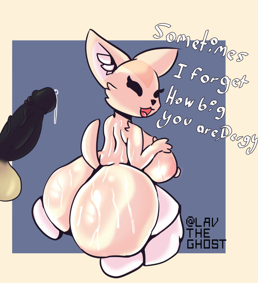 absurd_res aggressive_retsuko anthro areola ass balls big_breasts big_butt black_eyes blue_background bodily_fluids breasts canid canine cheek_tuft dialogue duo eyelashes facial_tuft female fennec fenneko fox fur genital_fluids genitals hi_res huge_breasts huge_butt kneeling lavtheghost looking_back male male/female mammal nipples nude open_mouth penis pink_areola pink_nipples precum rear_view sanrio simple_background smooth_fur sweat tan_body tan_fur text thick_thighs tuft white_background white_body white_fur wide_hips