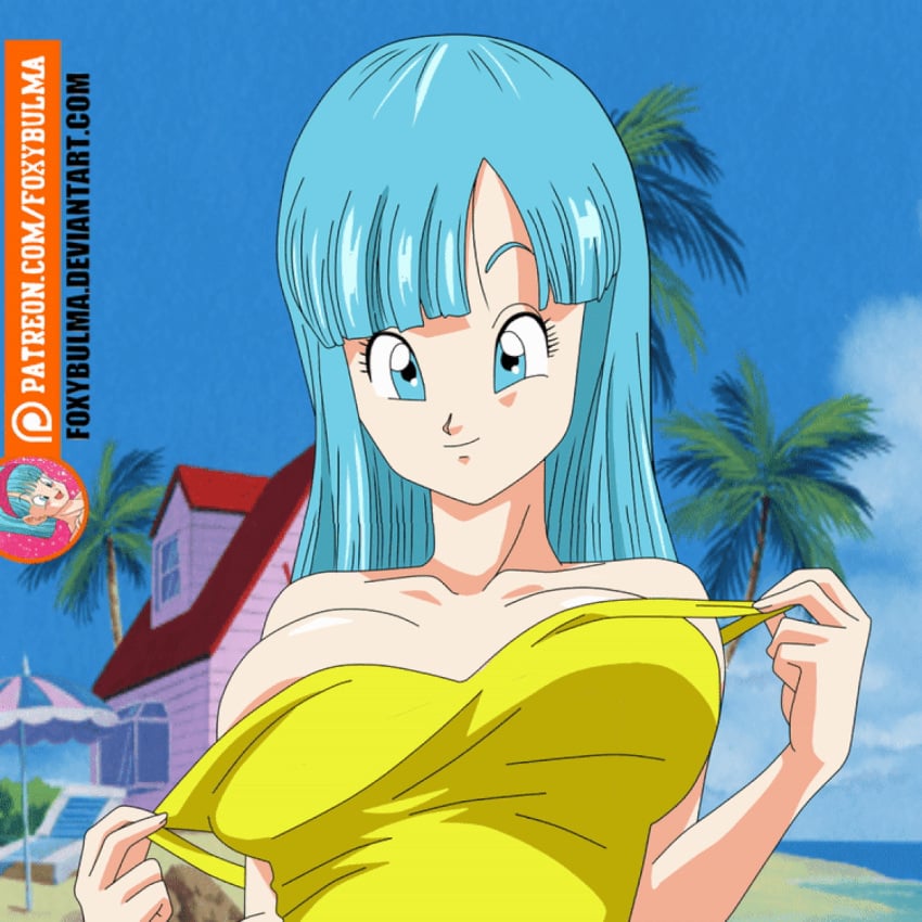 1girls animated areolae big_breasts blinking blue_eyes blue_hair breasts clothes_pull clothing dragon dragon_ball dragon_ball_z foxybulma gif kame_house looking_at_viewer maron nipples showing_breasts