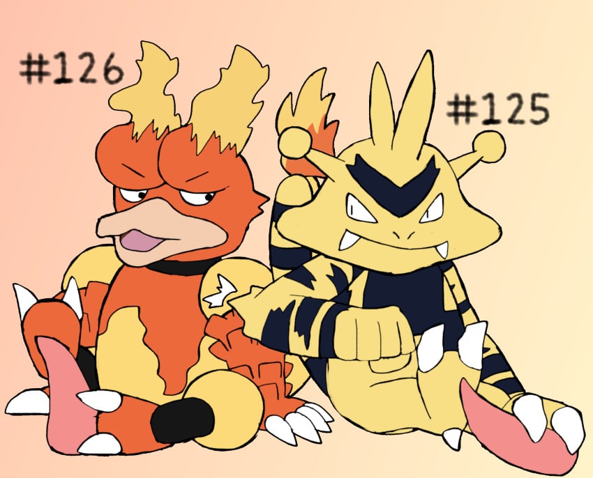 ambiguous_gender anthro electabuzz erection feet fire flaming_tail foot_fetish foot_play footjob generation_1_pokemon genitals group hashtag hi_res id_number magmar male nintendo number penis pokemon pokemon_(species) secretsableye sex simple_background tail text toes yellow_body