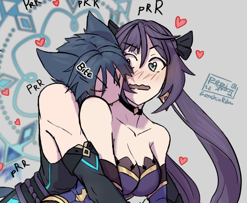 1boy 1girls adorable animal_ears bare_shoulders bite biting biting_neck cat_ears catboy cleavage cute female from_behind genshin_impact heart hugging_from_behind long_hair male mona_(genshin_impact) purring scaramouche_(genshin_impact) straight twintails wholesome