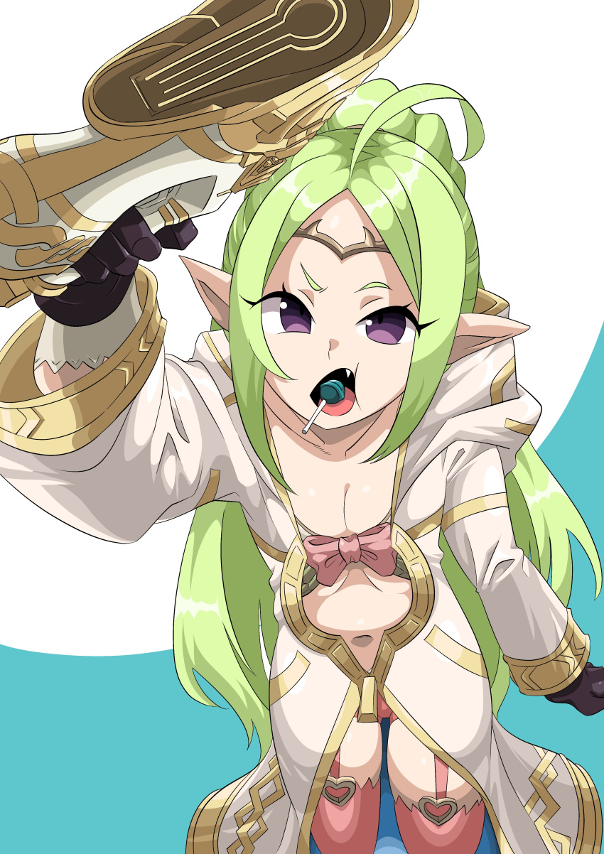 1girls cleavage cosplay crossover cyberpunk:_edgerunners female female_only fire_emblem fire_emblem_awakening fire_emblem_heroes green_hair haho kiran_(fire_emblem)_(cosplay) lollipop looking_at_viewer nintendo nowi_(fire_emblem) pointy_ears purple_eyes redraw small_breasts solo