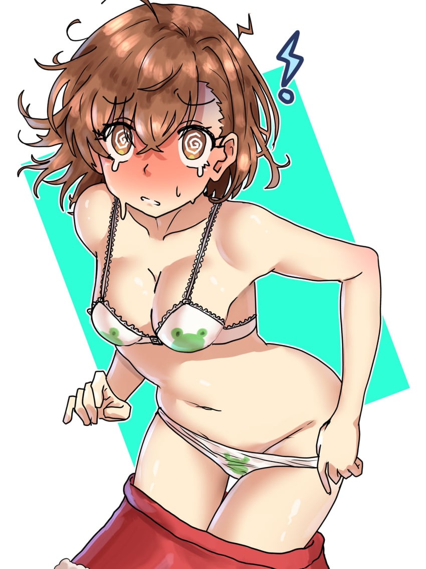 ! 1girls 2020s 2023 bare_shoulders bare_thighs blush bra breasts brown_eyes brown_hair childish_bra childish_panties collarbone ebora embarrassed embarrassed_nude_female female frog gekota gekota_bra gekota_panties hi_res hips looking_at_viewer matching_hair/eyes midriff misaka_mikoto navel panties santa_costume short_hair skirt skirt_down small_breasts solo standing sweat teenage_girl teenager thighs to_aru_kagaku_no_railgun to_aru_majutsu_no_index underwear undressing walk-in white_bra white_panties young youngmanisdown