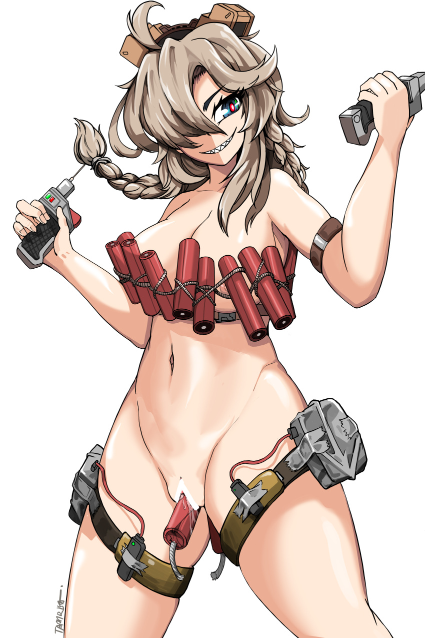 absurdres ahoge anal anal_object_insertion blue_eyes breasts brown_hair c4 censored completely_nude cowboy_shot detonator dynamite explosive female grin hair_over_one_eye highres holding hyena_(last_origin) large_breasts last_origin looking_at_viewer medium_hair midriff navel nipple_slip nipples nude object_insertion pussy smile solo standing taphris vaginal_object_insertion vaginal_penetration white_background