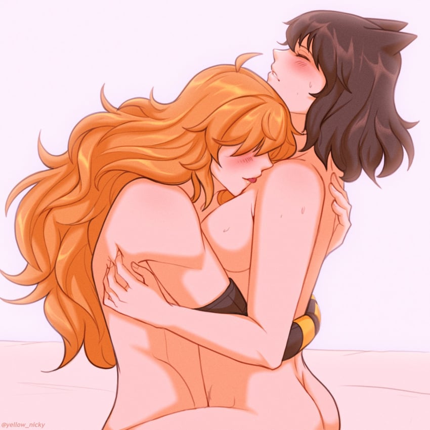 2girls ahoge ass black_hair blake_belladonna blonde_hair blush blush_lines bob_cut breasts canon_couple closed_eyes color completely_nude digital_drawing_(artwork) embrace embracing eyes_covered faunus female fully_nude hair_covering_eyes hair_over_eyes holding_each_other licking long_hair mechanical_arm multiple_girls on_bed prosthetic prosthetic_arm prosthetic_limb rooster_teeth rwby scar short_hair sweat tagme tongue yang_xiao_long yellow_nicky_(artist) yuri