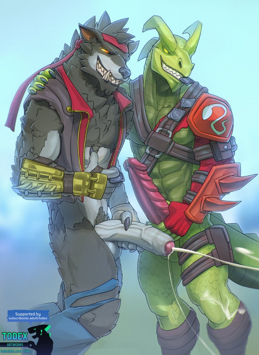 5_fingers abs anthro armor balls big_penis bodily_fluids canid canine claws condom cum cumshot dire_(fortnite) duo ejaculation erection fingers foreskin fortnite gay genital_fluids genitals glowing glowing_eyes green_body hi_res horn humanoid_genitalia humanoid_penis hybrid_(fortnite) lizard male male/male male_only mammal masturbation muscular muscular_male mutual_masturbation penis precum reptile scales scalie sexual_barrier_device sharp_teeth teeth todex uncircumcised unconvincing_armor were werecanid werecanine werewolf