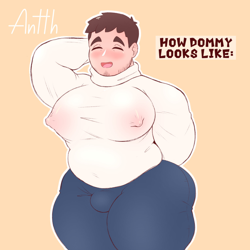 antth bashful big_chest blush blushing_male bulge busty_boy dommy_(antth) himbo huge_chest male_only male_with_breasts manboobs nipples_visible_through_clothing turtleneck wide_hips