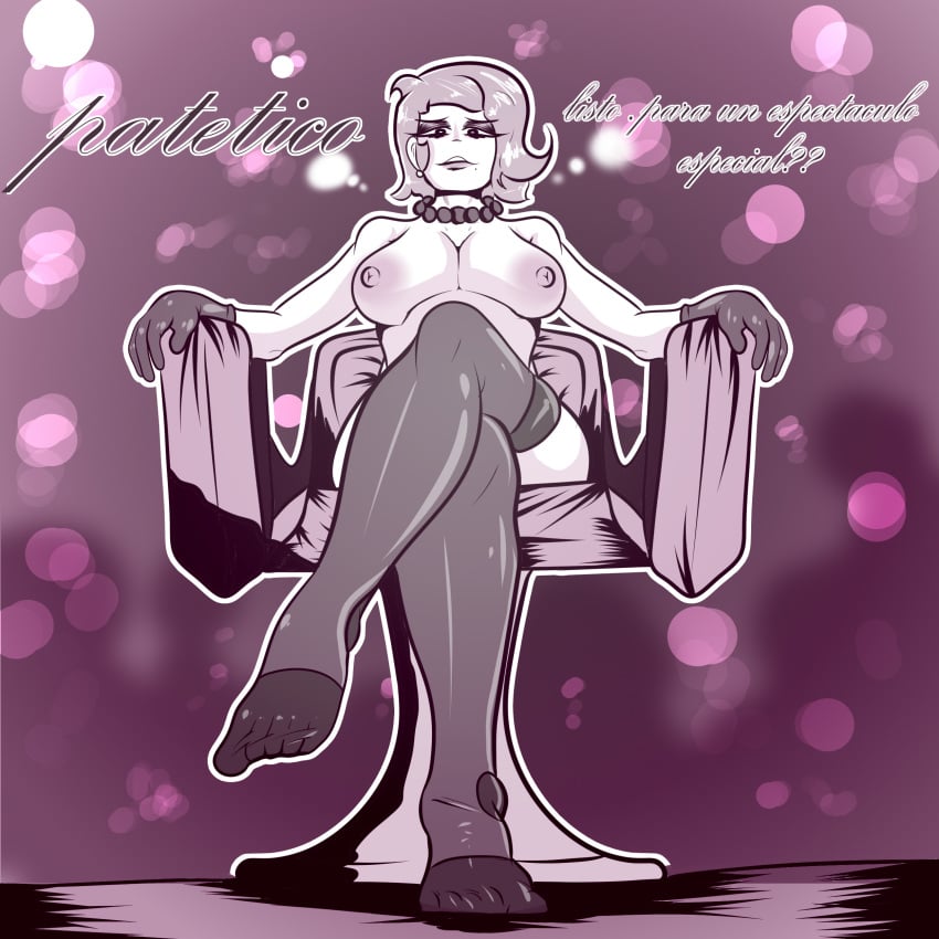 assertive_female big_breasts black_and_white black_gloves black_stockings blurry_background brawl_stars crossing_legs feet gloves gray_hair italian_text lola_(brawl_stars) looking_at_viewer looking_down_at_viewer nude_female only_female outline pearl_necklace purple_background sfcompany1e_(artist) sitting_on_chair stockings white_nipples white_skin