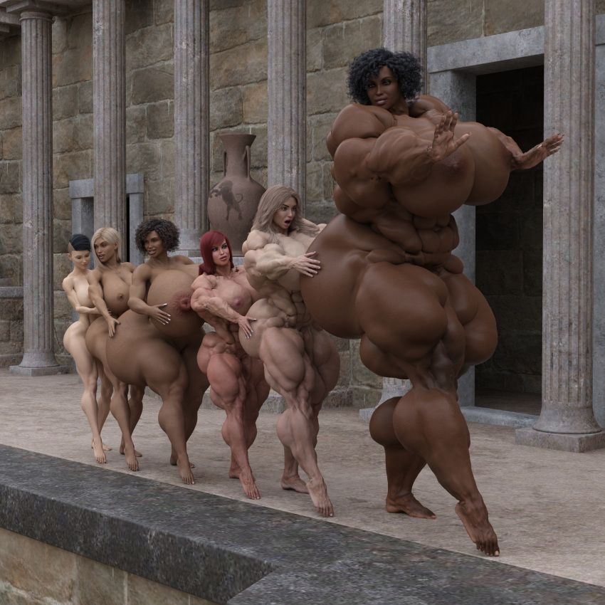 barefoot big_ass big_breasts big_butt bimbo dark-skinned_female daz3d daz_studio dzcelestial3d erect_nipples feet female female_only giantess human hyper_muscles larger_female light-skinned_female lineup lips multiple_girls muscular muscular_female nipples outdoors outside queue shocked shocked_expression size_difference smaller_female temple