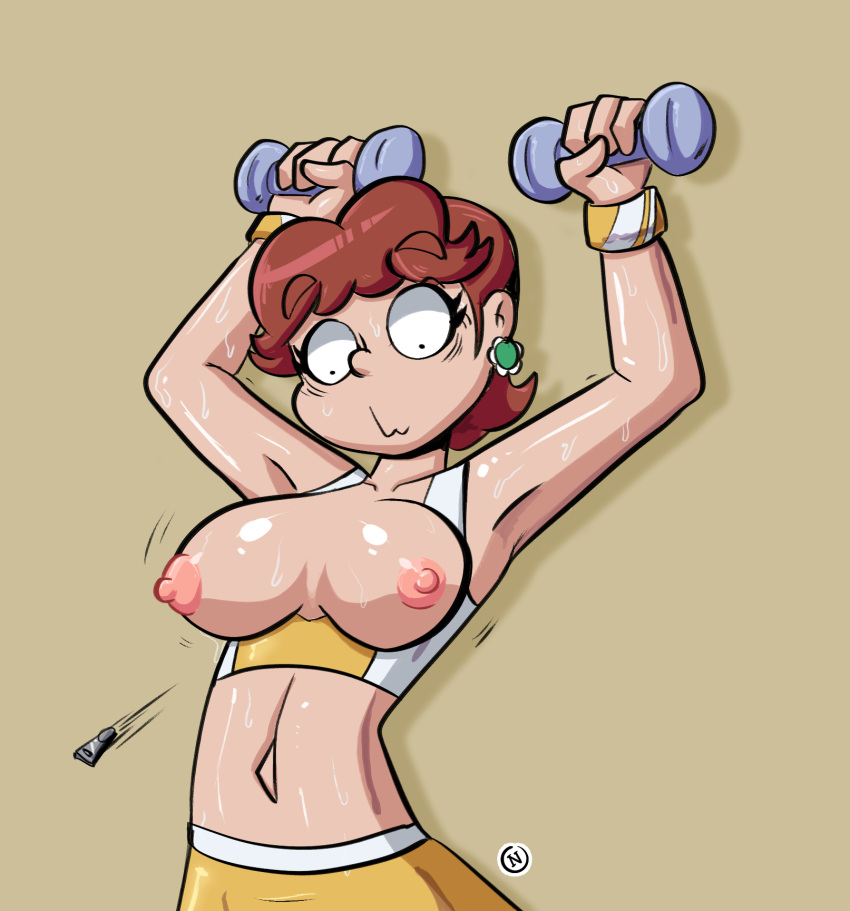 1girls bare_shoulders big_breasts breasts breasts_out brown_background brown_hair embarrassed female female_only looking_down mario_(series) nanus2 nintendo nipples princess_daisy simple_background solo sports_bra sportswear surprised sweat sweaty topless wardrobe_malfunction workout workout_clothes zipper_down