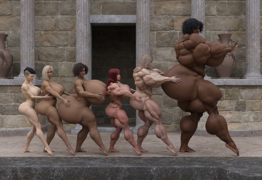 barefoot big_ass big_breasts big_butt bimbo dark-skinned_female daz3d daz_studio dzcelestial3d erect_nipples feet female female_only giantess human hyper_muscles larger_female light-skinned_female lineup lips multiple_girls muscular muscular_female nipples outdoors outside queue shocked shocked_expression size_difference smaller_female temple