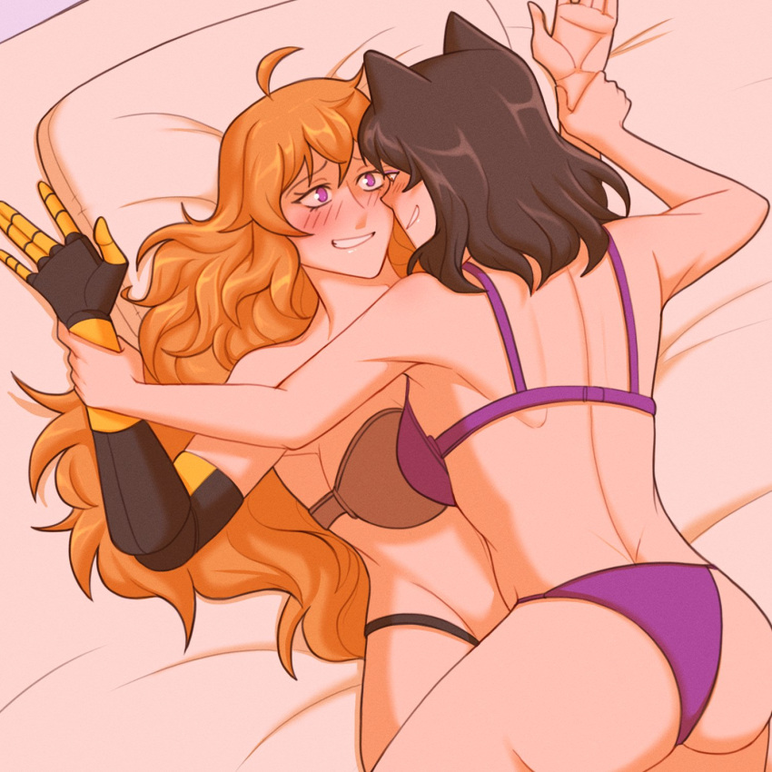 2girls ahoge bed black_bra black_hair black_panties black_underwear blake_belladonna blonde_hair blush blush_lines bob_cut canon_couple cat_ears catgirl color digital_drawing_(artwork) faunus imminent_sex kemonomimi long_hair mechanical_arm multiple_girls on_bed pillow pinned_down prosthetic prosthetic_arm prosthetic_limb purple_bra purple_eyes purple_panties purple_underwear rooster_teeth rwby short_hair smile straight_hair tagme yang_xiao_long yellow_eyes yellow_nicky_(artist) yuri