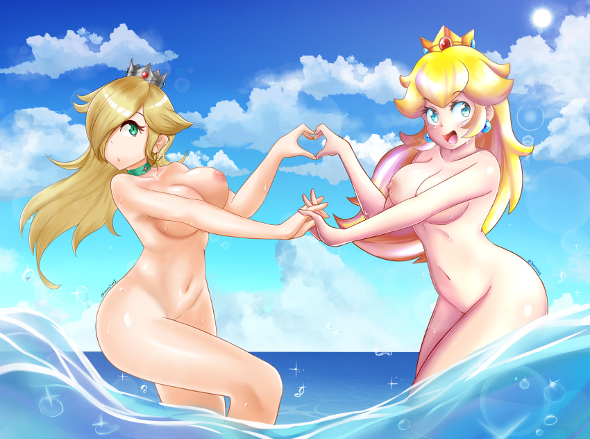 2girls beach big_breasts blonde_hair breasts busty completely_nude completely_nude_female female female_only green_eyes hair_over_one_eye heart heart_hands heart_hands_duo highres jarckius large_breasts legs long_hair mario_(series) multiple_girls naked naked_female navel nintendo nipples nude nude_female ocean open_mouth outdoors princess princess_peach princess_rosalina thighs water wet