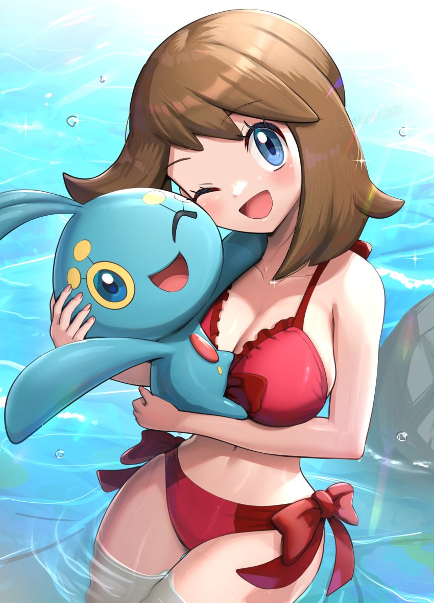 1girls bikini breasts female game_freak gonzarez looking_at_viewer manaphy may_(pokemon) nintendo pokemon pokemon_rse solo swimsuit tagme