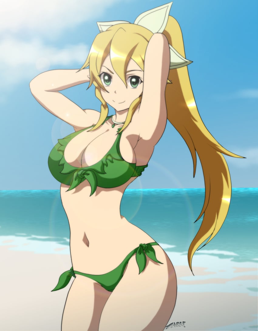 1girls armpits arms_behind_head artist_name beach big_breasts bikini blonde_hair breasts busty cleavage confident elf female female_only front-tie_bikini_top front-tie_top green_bikini highres large_breasts leafa legs long_hair navel ocean pointy_ears ponytail pose posing sensual sexy_armpits smile solo swimsuit sword_art_online thighs voluptuous water