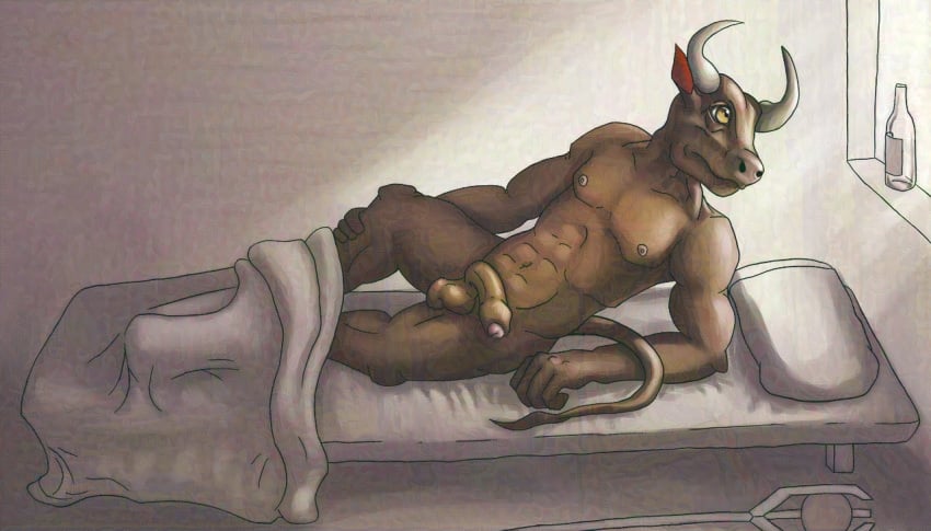 4_fingers anthro balls bed bottle bovid bovine cattle container digital_media_(artwork) digitigrade fingers foreskin furniture genitals horn humanoid_genitalia humanoid_penis lying male mammal nipples nude penis reclining solo staff superagro tail