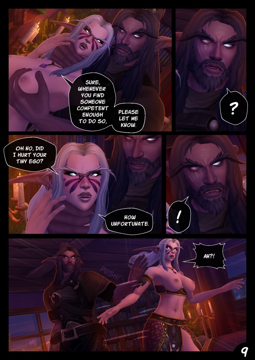 1boy 1girls 3d alvarina alvarina_(alvarina) blizzard_entertainment blush breast_grab comic comic_page dialogue dubious_consent night_elf original_character pink_skin smooth_skin warcraft white_hair world_of_warcraft