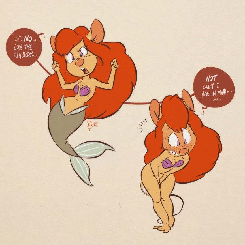 ariel_(cosplay) bottomless chip_'n_dale_rescue_rangers covering edtropolis embarrassed embarrassed_nude_female enf english_text gadget_hackwrench mermaid text the_little_mermaid