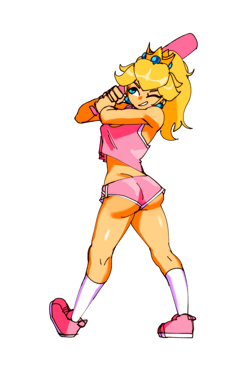 1girls 3amsoda ass athletic_shorts athletic_uniform athletic_wear baseball_bat big_ass big_breasts blonde_hair blue_eyes breasts busty crown earrings female female_only high_ponytail holding_baseball_bat huge_ass large_breasts legs long_hair looking_at_viewer mario_(series) mario_super_sluggers midriff nintendo one_eye_closed ponytail princess princess_peach short_shorts shorts sideboob sleeveless smile solo sports_shorts sports_uniform sportswear thighs tied_hair voluptuous