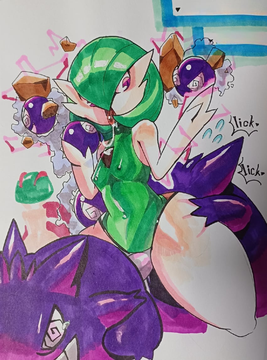 anthro_only femdom fhuman gardevoir gastly gengar haunter pegging pokemon pokemon_(species) ralts rimming saliva see-through small_breasts sweatdrop text