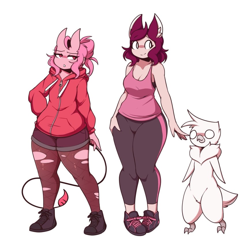 1boy 2girls aiko_(giidenuts) anthro avian carrie_(giidenuts) cat_ears cleavage demon eyebrows_visible_through_hair fully_clothed giidenuts hand_on_hip hand_on_thigh jacket looking_at_another original riley_(giidenuts) ripped_pantyhose shoes shorts sweatpants tail tank_top thick_thighs white_background