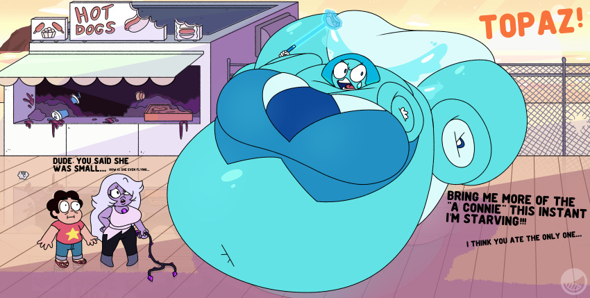 1boy 2girls amethyst_(steven_universe) aquamarine_(steven_universe) ass baughbee belly blue_eyes blue_hair breasts brown_hair cartoon_network cup english_text eyelashes fat female female_focus gem_(species) gloves hips hyper hyper_ass hyper_breasts large_ass large_breasts mass_vore obese obese_female oral_vore overweight overweight_female panties purple_hair sandals soda soda_cup steven_quartz_universe steven_universe stomach suit text thick_thighs thighs tie underwear vore vore_belly wand wardrobe_malfunction water wide_hips