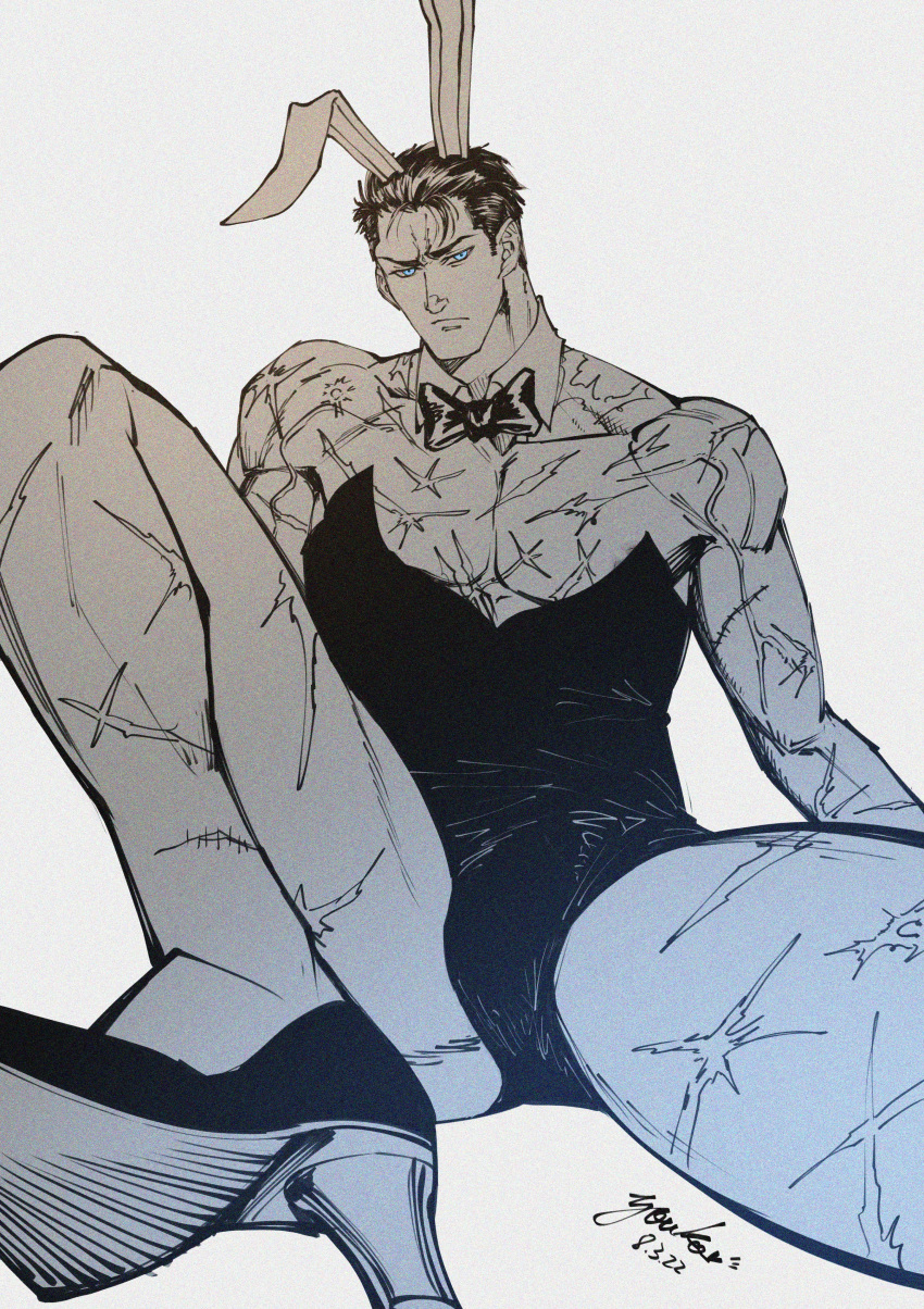 batman batman_(bruce_wayne) batman_(series) black_and_grey blue_eyes bowtie_collar bruce_wayne bunny_ears dc dc_comics legs_apart male male_focus male_only male_playboy_bunny muscular_male no_sex no_visible_genitalia playboy_bunny scars scars_all_over solo_male youko