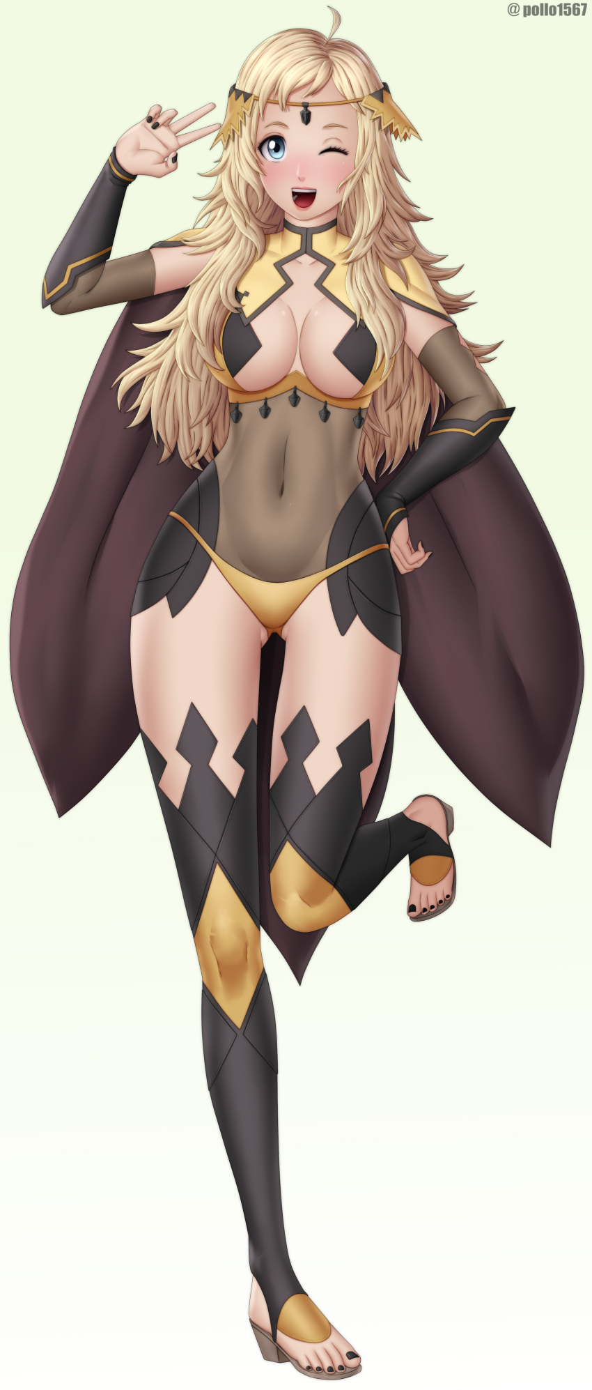 1girls ass_visible_through_thighs bare_thighs black_nails blonde_hair blue_eyes bodystocking breasts female female_only fire_emblem fire_emblem_fates large_breasts long_hair looking_at_viewer nail_polish nintendo open_mouth ophelia_(fire_emblem) panties pollo1567 smile solo thighhighs thighs toeless_footwear underwear v yellow_panties